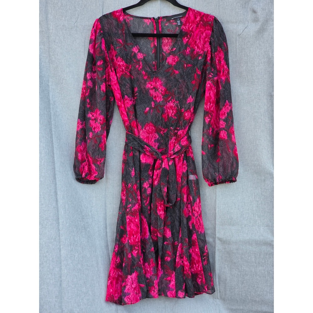 White House Black Market Pink Black Floral Long Sleeve Belted Midi Dress Size 8